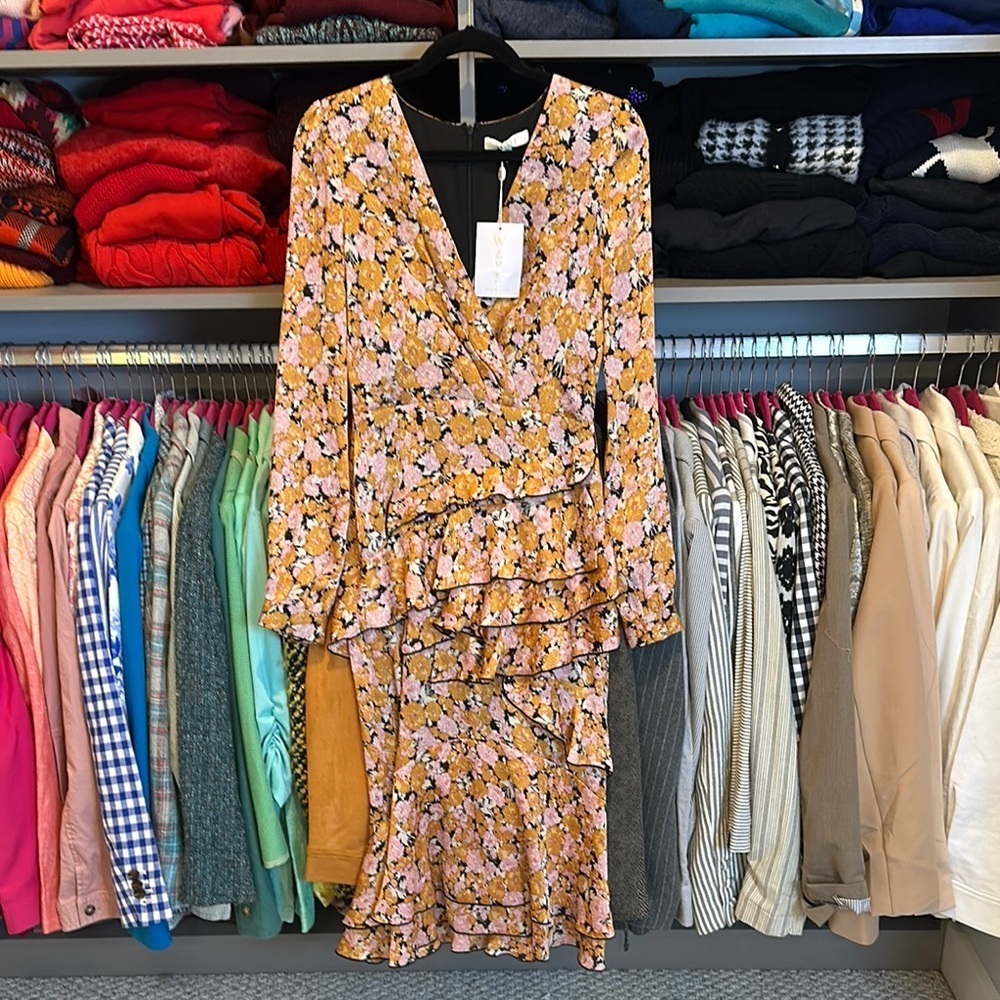 WAYF orange/pink/black floral long sleeve v neck ruffled midi dress size S NWT